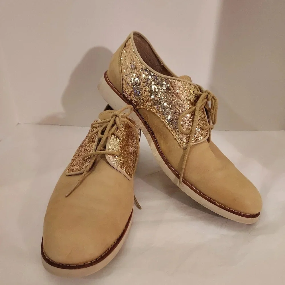 Sperry Top-Sider Beige and Gold Sequin Glitter Lace Up Oxford Shoes in Size 8.5M